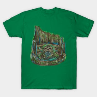 Ancient Moss Covered Fountain with Statue and Columns T-Shirt